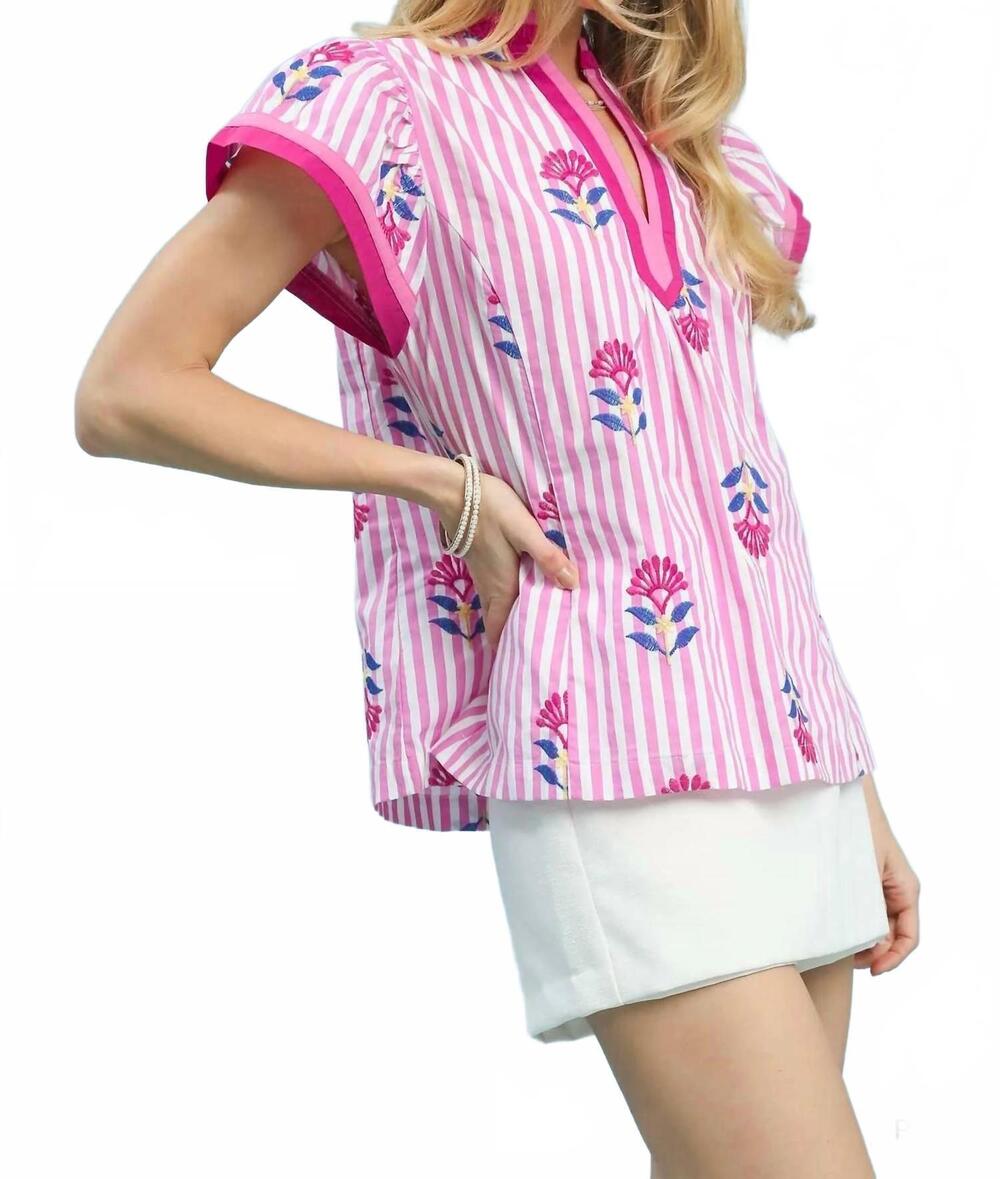 NEW UMGEE embroidered striped flutter sleeve top in pink - Picture 5 of 6
